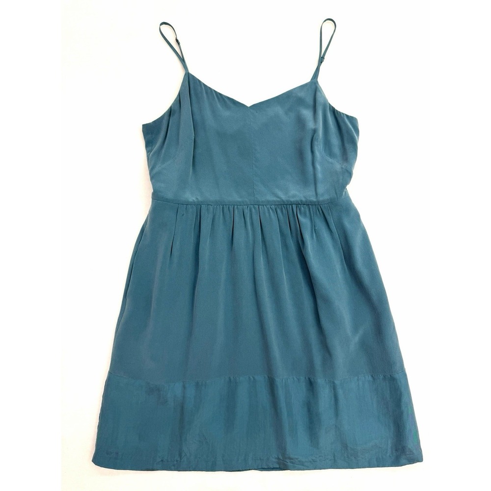 Madewell 100% Silk Babydoll Dress 10 Peacock Teal Blue Cami Straps Pleated lined
